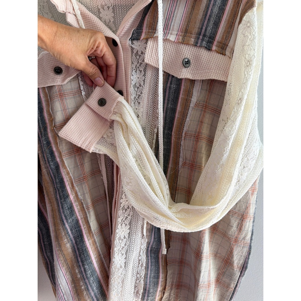 POL Mixed Media Hooded Top Women's Pink Lace Plaid Striped Boho Cottagecore L - Picture 10 of 13
